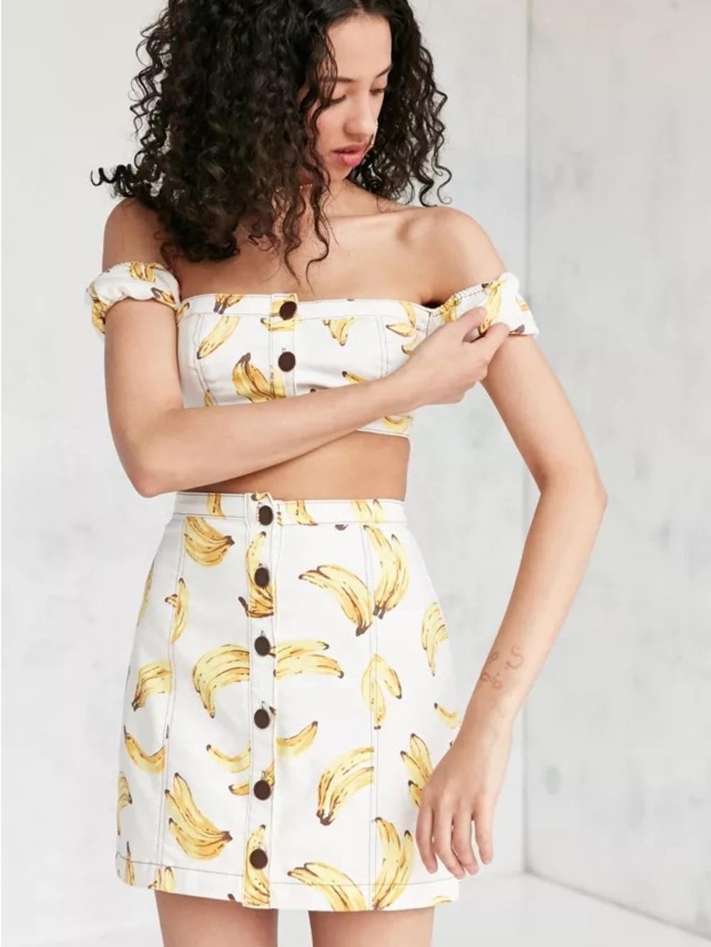 Banana Print Cream Denim Mini Skirt with Buttons